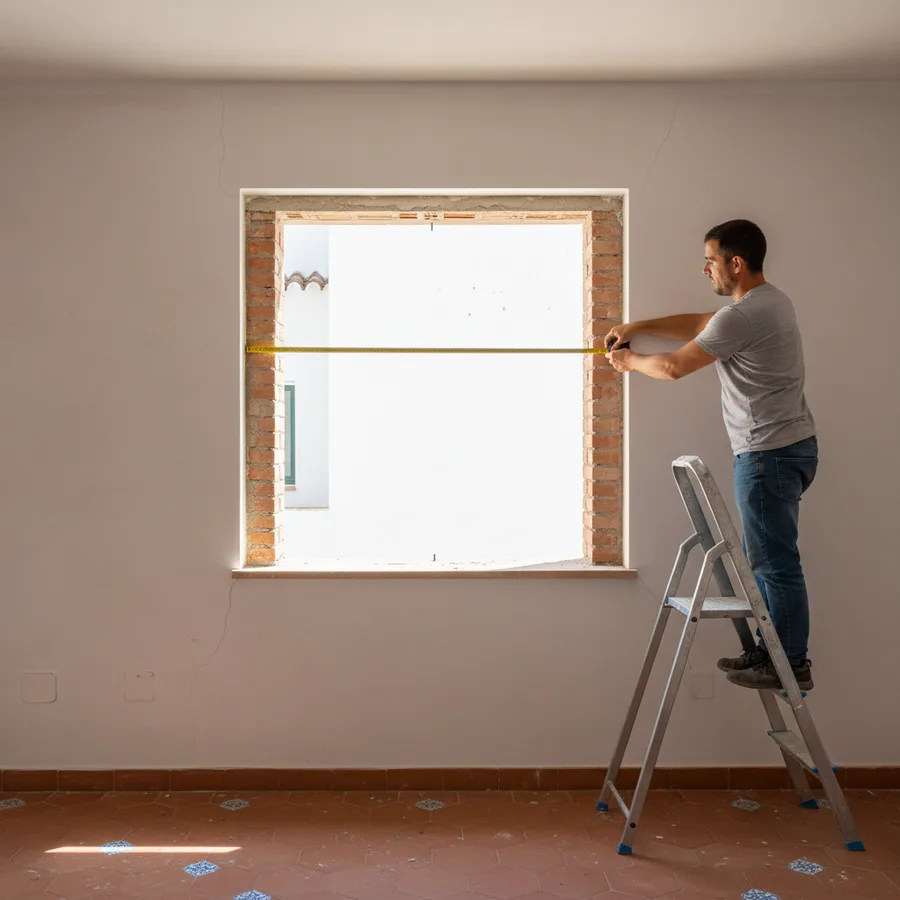 Técnico midiendo el hueco de ventana antes de instalar persiana nueva en piso de Alella